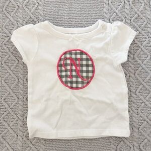 White Short Sleeve Baby Tee with Gray Gingham Design and Pink N Monogram